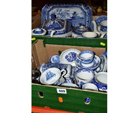 TWO BOXES OF BLUE AND WHITE DINNER WARES, to include Burleigh Ware 'Willow' pattern mugs, Wedgwood 'Friendship Salom' pattern