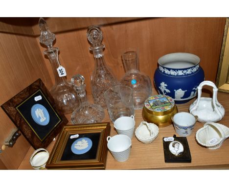 A GROUP OF CERAMICS AND GLASSWARES, to include a Victorian cut glass onion shaped decanter with stopper, a Thomas Webb mallet