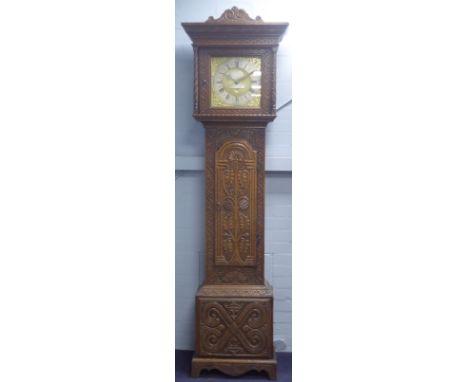 GEORGE III CARVED OAK LONGCASE CLOCK, Signed William Porthouse, Penrith, the 11 1/2" brass dial with silvered chapter ring, s