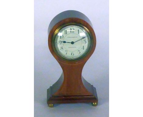 FINNEGANS LTD. MANCHESTER EARLY TWENTIETH CENTURY LINE INLAID MAHOGANY MANTEL CLOCK, the 3 1/2" Arabic dial powered by a drum