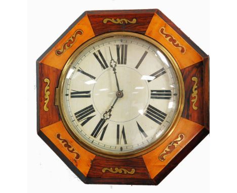 LATE NINETEENTH CENTURY WALL CLOCK, the 9" painted Roman dial, powered by a twin weight driven movement with visible weights 