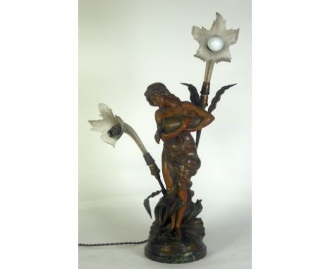 LUCA MADRASSI, ITALIAN ART NOUVEAU PATINATED SPELTER FIGURAL TWO LIGHT ELECTRICAL TABLE LAMP, 'Jouvence', modelled as a stand