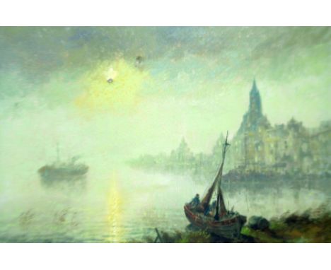 ROEL DOZEMAN (1917)  OIL PAINTING ON CANVAS Harbour scene by morning light, Signed lower right 24" x 36" (61cm x 91cm)  (hole