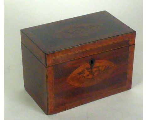 NINETEENTH CENTURY INLAID MAHOGANY TEA CADDY, of oblong form with satinwood banded borders, the top and front with oval shell