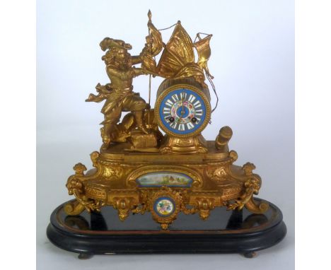 LATE NINETEENTH CENTURY FRENCH GILT METAL AND PORCELAIN MOUNTED FIGURAL MANTEL CLOCK, the 3 1/4" blue porcelain Roman dial wi