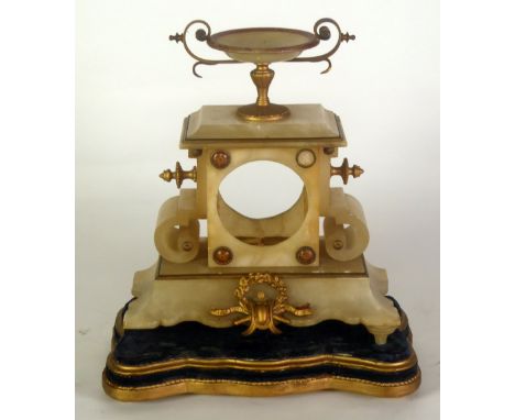 LATE NINETEENTH/EARLY TWENTIETH CENTURY GILT METAL MOUNTED ALABASTER MANTEL CLOCK CASE, square with two handled pedestal urn 