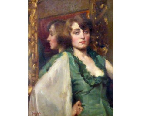 JACQUES MAES (1905-1968) OIL PAINTING ON CANVAS Half length portrait of a lady in green dress  with her back to a mirror Sign