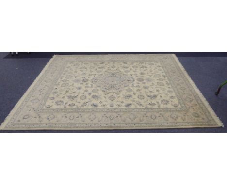 VERY FINE NAIN PERSIAN CARPET, hand knotted with an all-wool pile, and having a centre medallion outlined in dark blue, detai