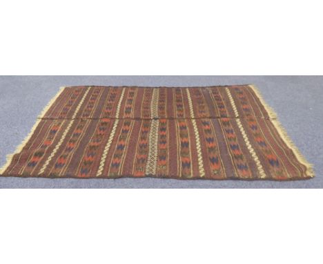 ORIENTAL FLAT WEAVE CARPET, formed from two 'runners' stitched together to form a carpet with horizontal striped pattern in d