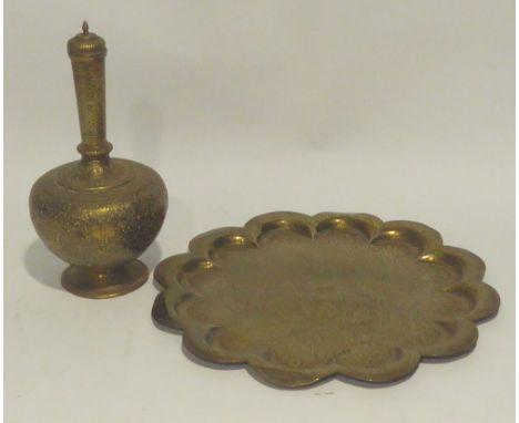 GOOD QUALITY LATE NINETEENTH CENTURY INDIAN EMBOSSED BRASS VASE AND COVER, the shouldered ovoid squat body embossed with nume