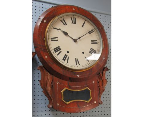 VICTORIAN ROSEWOOD AND MOTHER O'PEARL INLAID DROP DIAL WALL CLOCK, the 11 1/2" enamelled Roman dial, powered by a spring driv