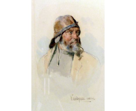 WILLIAM WOODHOUSE (1857-1939) WATERCOLOUR DRAWING Shoulder portrait 'A Morecambe Fisherman'  Signed and dated 1889, later tit