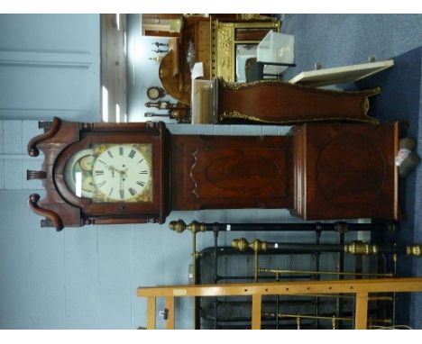 NINETEENTH CENTURY FIGURED MAHOGANY LONGCASE CLOCK with rolling moonphase, signed Whitmore, Stockport, the 14" painted Roman 