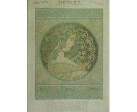 ALPHONSE MUCHA FOR DEWEZSTORES,  COLOUR PRINTED 'IVY CALENDAR' 1901,  CENTRAL BUST PORTRAIT  roundel of Sarah Bernhardt with 