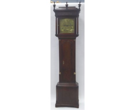 LATE EIGHTEENTH CENTURY OAK LONGCASE CLOCK, signed Edward Barlow, Oldham, the 12" brass dial with date aperture to the scroll