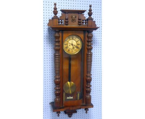 EARLY TWENTIETH CENTURY WALNUT AND STAINED BEECH VIENNA WALL CLOCK, the 7" two part Roman dial with subsidiary seconds dial t