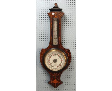 B. MALLINSON AND CO., HUDDERSFIELD, EDWARDIAN INLAID ROSEWOOD ANEROID BAROMETER, the 7 1/2" dial housed in a banjo variant ca