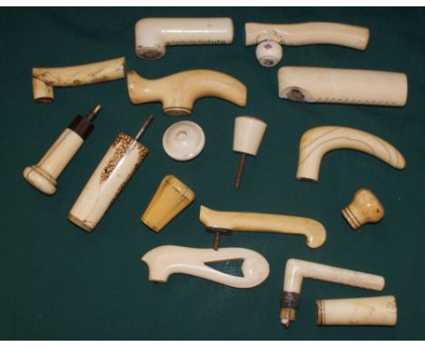 Selection of 16 Ivory handles including walking stick, total weight 1060 Grams approx.