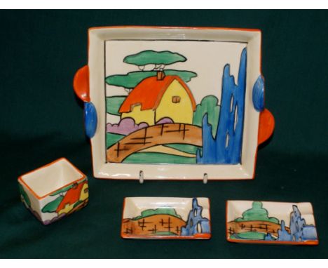 Very rare clarice cliff orange roof cottage pattern smokers set, match holder, 2 small ashtrays and a large ash tray, Circa 1