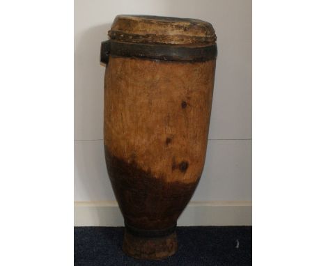 Antique carved wooden African tribal drum, 75cm high