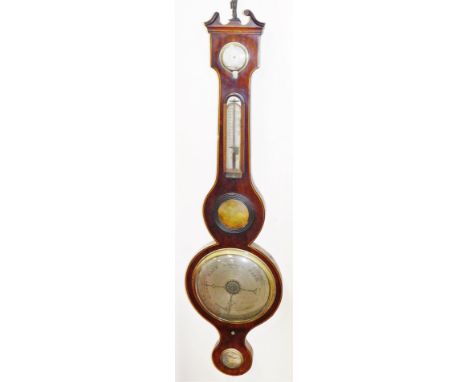 Pechner Lincoln. A late 19thC mahogany five dial banjo barometer, in a swan neck pedimented case, with a boxwood stringing, w