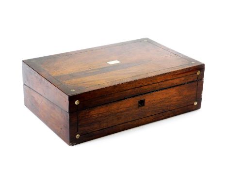 A mid 19thC rosewood and mother of pearl writing box, of rectangular form with a plain cartouche, 11cm high, 36cm wide, 23cm 