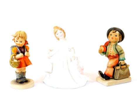 A Royal Doulton Figure Amanda, HN2996, printed marks beneath, 14cm high, and two Goebel Hummel figures.  