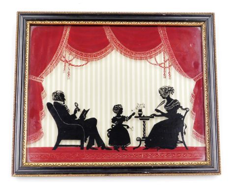 An early 20thC glass silhouette picture, formed as lady and gentleman with child, before curtains, 80.5cm x 23cm, in a Hogart