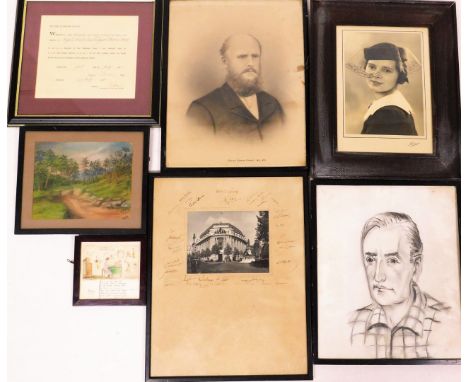 Various pictures photographic prints, etc., a 19thC Bologna ditty, 14cm x 14cm, in square frame, NFC pastel, photographic por