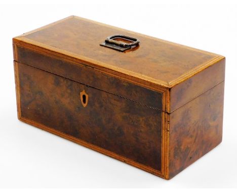 An early 19thC yew wood and inlaid tea caddy, of rectangular form with metal handle, the lid with a wide cross banding, hingi