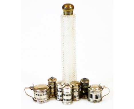Various silver cruet items, pepper pots, salt pots, large perfume bottle with plated lid and glass stopper, Edwardian silver 