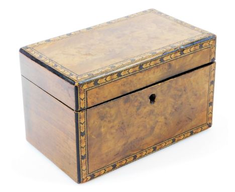 A 19thC walnut and Tunbridge tea caddy, of rectangular form, with an outer arrow banding and fitted interior with plain escut