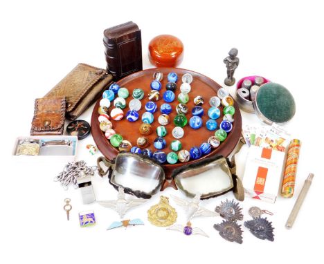 Bygones collectables, etc., a solitaire board with marbles, E initialled leather purse 10cm wide, treen book snuff box, pin c