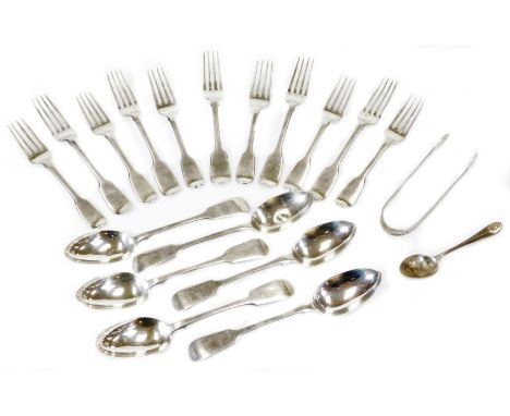 Various Victorian and other silver flatware, to include a fork, fiddle pattern, London 1839, 17cm wide, various other flatwar