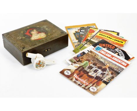 A crested china Lytham Shelley canon, 7cm high, various football programmes to include, England v Argentina 1980, Manchester 