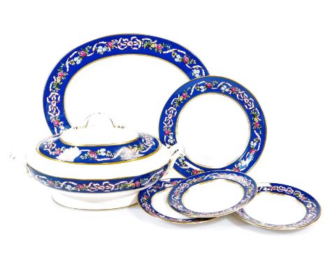 A Spode Ribbons and Roses part service, comprising lidded tureen, 28cm wide, oval serving platter, plate and two side plates.