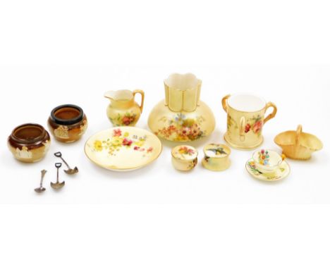 Various Royal Worcester blush ivory ware, to include a tyg of cylindrical form painted with summer flowers, 7cm high, a simil