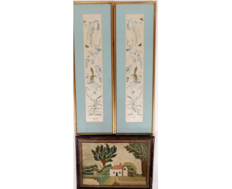 A pair of Chinese embroidered shoulder epaulettes, decorated with flowers, insects and animals, 53cm x 9cm, glazed and framed