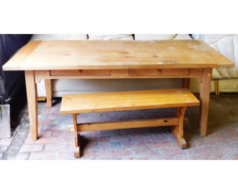 A fruitwood refectory table, on square taper legs, with frieze drawer, 180cm x 74cm,  and a shaped coffee table with plain re