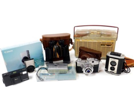 Various cameras binoculars, etc., a Bencini Koroll film camera 10cm high, in fitted case, Olympus AF-1, pair of Wray binocula