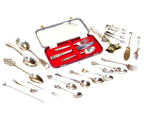 Various spoons, silver plated and others, Continental white metal examples, grapefruit spoon with tapered studded stem and pi
