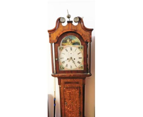 A 19thC oak and mahogany longcase clock, with swan neck pedimented hood, set with brass roundels and an urn finial, raised ab