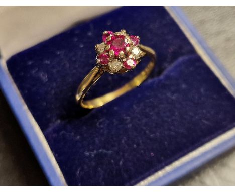 9ct Gold, Ruby and Diamond Cluster Ring - size N