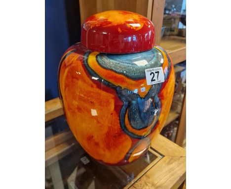 Retro Poole Pottery Large Red Peacock/Volcano Lidded Ginger Jar - 23cm across by 32cm high
