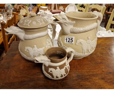 Trio of Hunting Themed Antique Jasperware Jugs, all three with the Chrysanthemum mark, 'Stag Hunt at Kill'