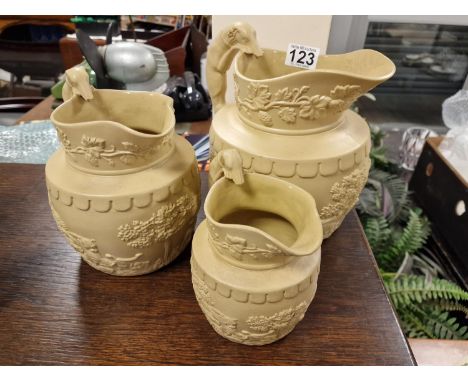 Trio of Medium to Large Jasperware Antique Hunting Jugs, 'Boar and Stag Hunt' by Phillips &amp; Bagster 