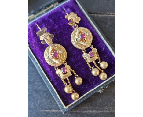 Pair of Continental (possibly French) 14ct Gold Antique Ruby &amp; Pearl Drop Earrings (6.85g) + a Additional Pair of Vintage