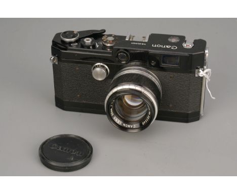 A Canon Model L1 Rangefinder Camera, repainted black, serial no. 552521, with Canon f/1.8 50mm lens, shutter not workingImpor