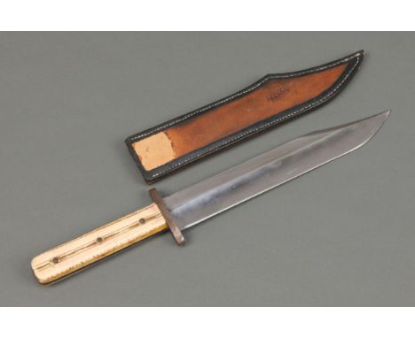 A Bowie Knife, with steel blade, handle with unusual cream covering held in place with 3 pins, with leather scabbard.