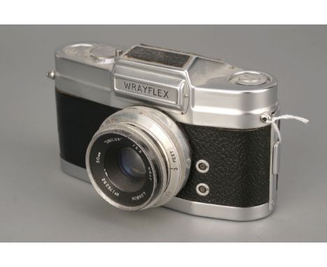 A Wrayflex Ia Camera, chrome, serial no. 3320, with Wray Unilux f/2.8 50mm lens, some haze